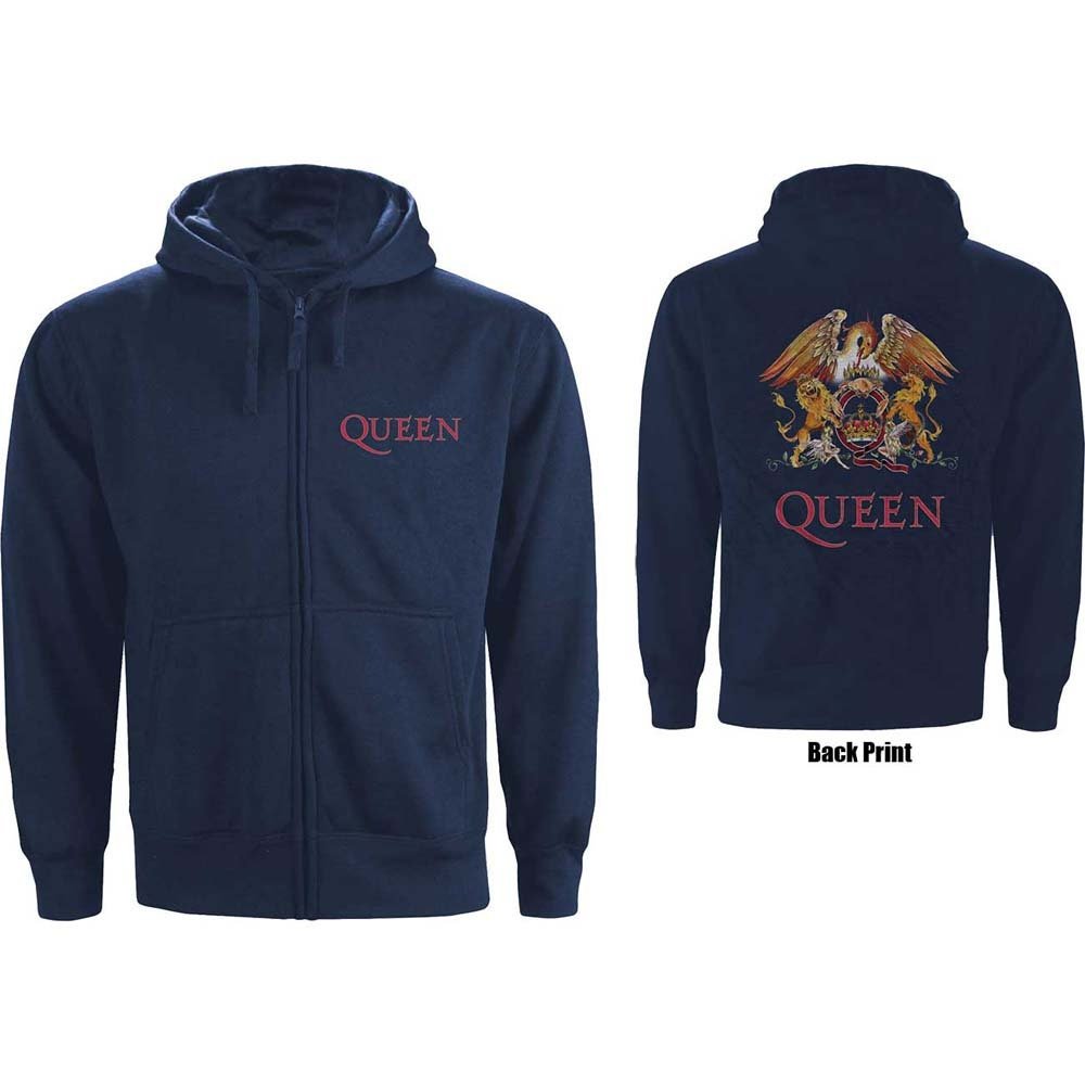 Queen Unisex Zipped Hoodie - Classic Crest (Back Print) - Navy Blue Zip-Up Unisex Official Licensed Design - Worldwide Shipping - Jelly Frog
