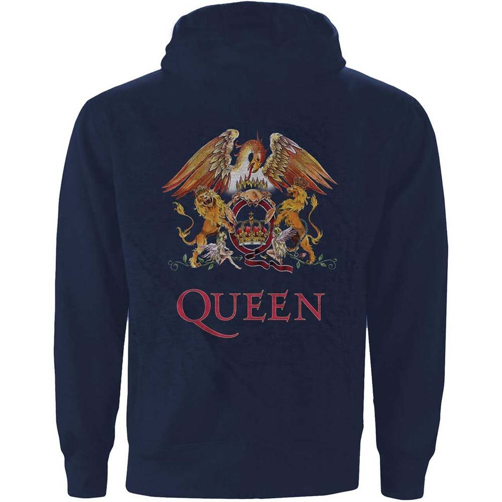 Queen Unisex Zipped Hoodie - Classic Crest (Back Print) - Navy Blue Zip-Up Unisex Official Licensed Design - Worldwide Shipping - Jelly Frog